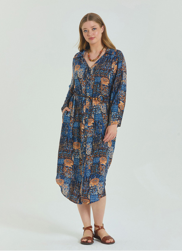 Shirt Collar Belt Detailed Blue Bohemian Plus Size Dress 4613